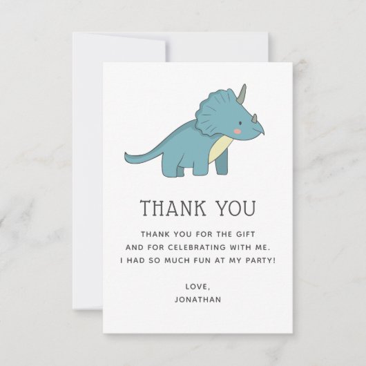 Carte De Remerciements Triceratops Dinosaure | Anniversaire de Dino Bleu  (Devant)
