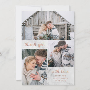 Carte De Remerciements Trois photos sur marbre avec or rose Mariage