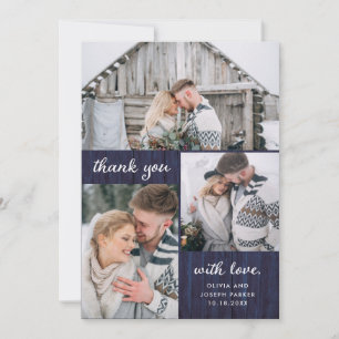 Carte De Remerciements Trois photos sur Rustic Blue Wood Look   MARIAGE