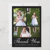 Carte De Remerciements Trois photos vert première communion Noir (Devant)