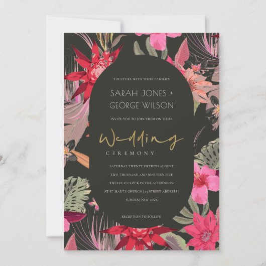 Carte De Remerciements Tropical Dark Boho Red Blush Floral Wedding Invite (Devant)