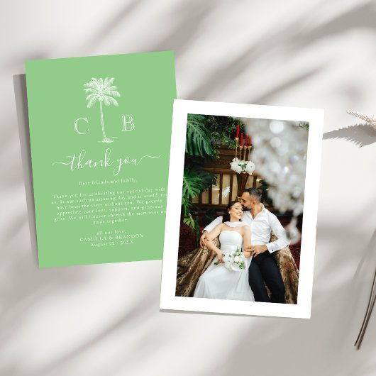 Carte De Remerciements Tropical Green Palm Initials Photo Wedding 