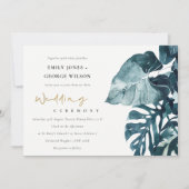Carte De Remerciements Tropical Monstera Foliage Blue Wedding Invite (Devant)