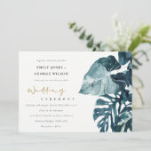 Carte De Remerciements Tropical Monstera Foliage Blue Wedding Invite (Debout devant)