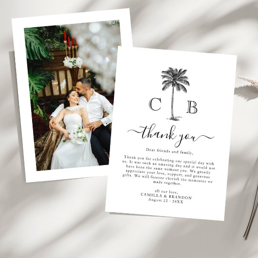 Carte De Remerciements Tropical Simple Palm Initials Photo Wedding