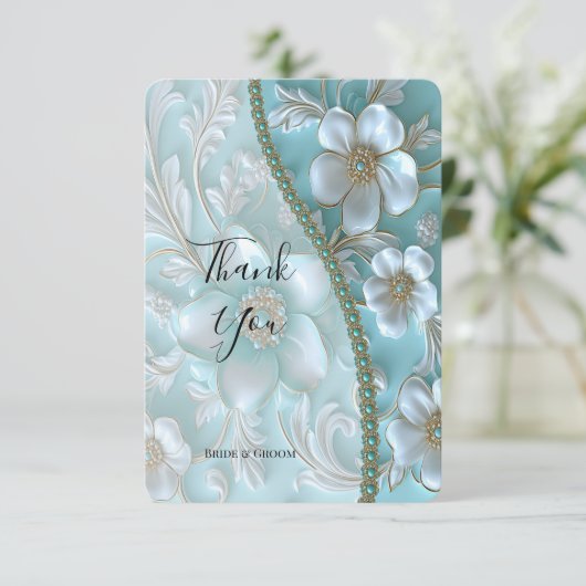 Carte de remerciements turquoise blanc floral (Debout devant)