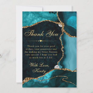Carte De Remerciements Turquoise et Or Faux Paillettes Agate Sweet 16