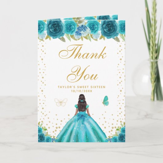 Carte De Remerciements Turquoise Floral Dark Skin Girl Sweet sixteen (Devant)