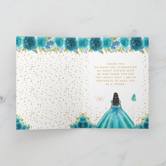 Carte De Remerciements Turquoise Floral Dark Skin Girl Sweet sixteen (Intérieur)