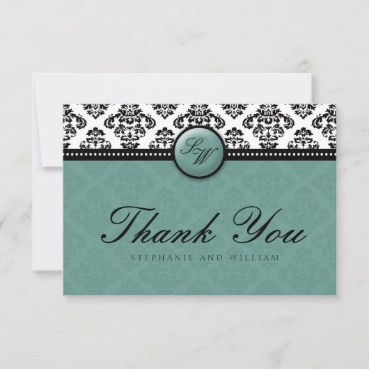 Carte De Remerciements Turquoise Mariage de monogramme Damask (Devant)
