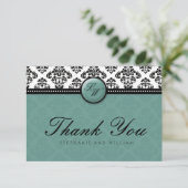 Carte De Remerciements Turquoise Mariage de monogramme Damask (Debout devant)