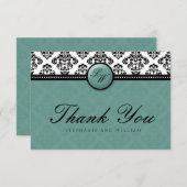 Carte De Remerciements Turquoise Mariage de monogramme Damask (Devant / Derrière)