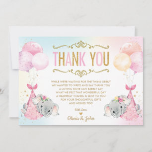 Carte De Remerciements Twin Baby Girls Elephant Baby shower Sprinkel