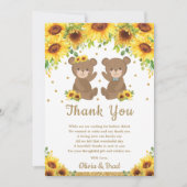 Carte De Remerciements Twin Boy Girl Teddy Bear Baby shower de tournesol (Devant)