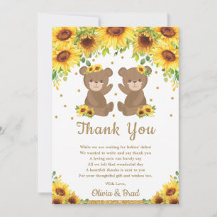 Carte De Remerciements Twin Girls Teddy Bear Baby shower de tournesol