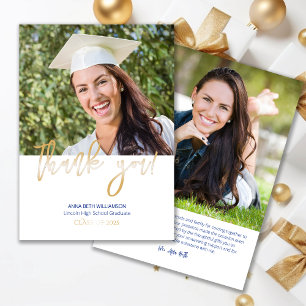Carte De Remerciements Typographie 2 Photo Marine Bleu et Gold Graduation