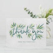Carte De Remerciements Typographie de l'aquarelle verte avec feuillage (Debout devant)