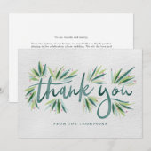 Carte De Remerciements Typographie de l'aquarelle verte avec feuillage (Devant / Derrière)