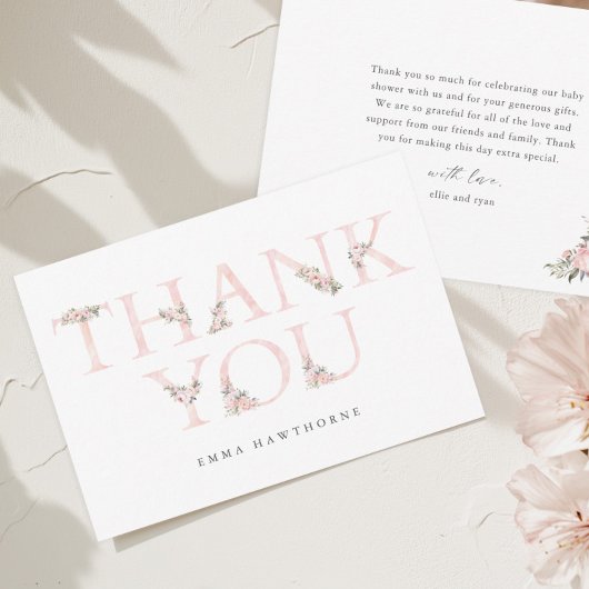 Carte De Remerciements Typographie florale simple Baby shower rose