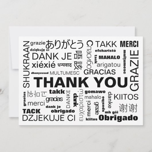 Carte De Remerciements Typographie multilingue plat noir blanc (Devant)
