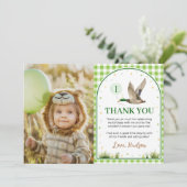 Carte De Remerciements Un chanceux canard vert En vichy photo d'anniversa (Debout devant)