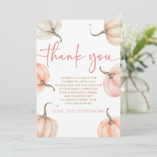 Carte De Remerciements Un Petit Citrouille Est En Route ! Baby shower (Debout devant)