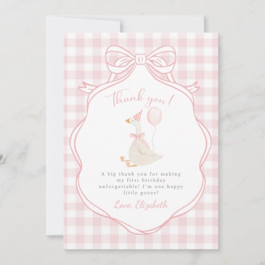 Carte De Remerciements Un sot Oie rose Bow premier anniversaire (Devant)