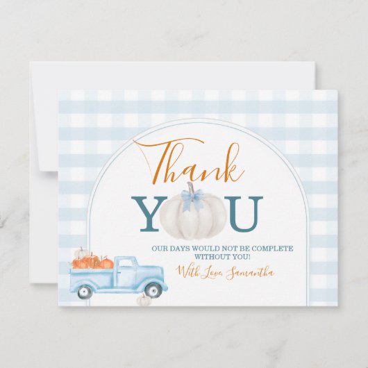 Carte De Remerciements Une Baby Shower Petite Citrouille Camion Bleu Ging (Devant)