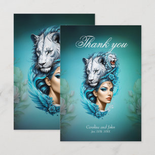 Carte De Remerciements Une femme captivante à la tête d'un lion majestueu