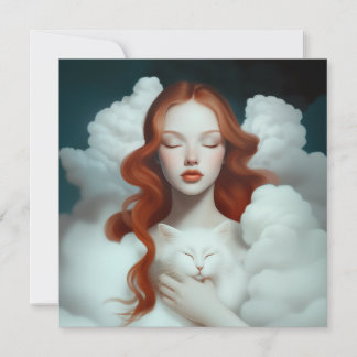 Carte De Remerciements Une femme rouge haïe tenant un chat dans les nuage