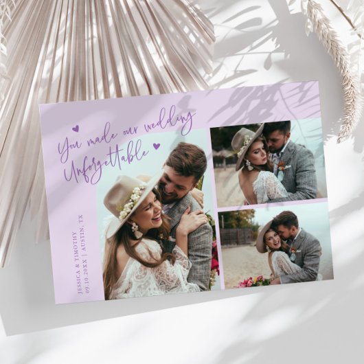 Carte De Remerciements Unforgettable Wedding Lilac Multi Photo