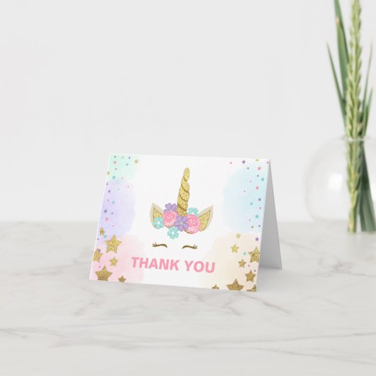Carte de remerciements Unicorn Gold Rose fille Whi (Devant)