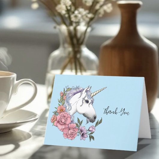Carte De Remerciements Unicorne blanche Fleurs roses Mariage bleu