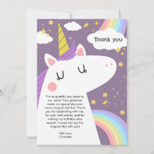 Carte De Remerciements Unicorne colorée et Rainbows fête d'anniversaire