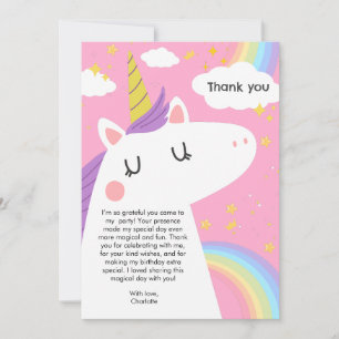 Carte De Remerciements Unicorne colorée et Rainbows fête d'anniversaire