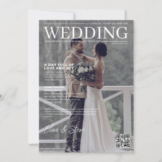 Carte De Remerciements Unique QR code magazine couverture photo mariage (Devant)
