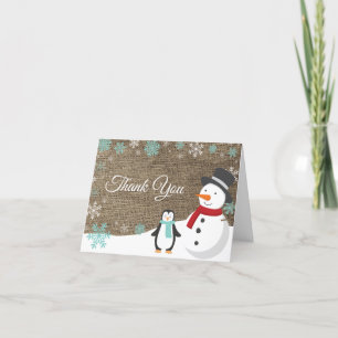 Carte De Remerciements Vacances de Noël hiver Turquoise Snowflake Burlap