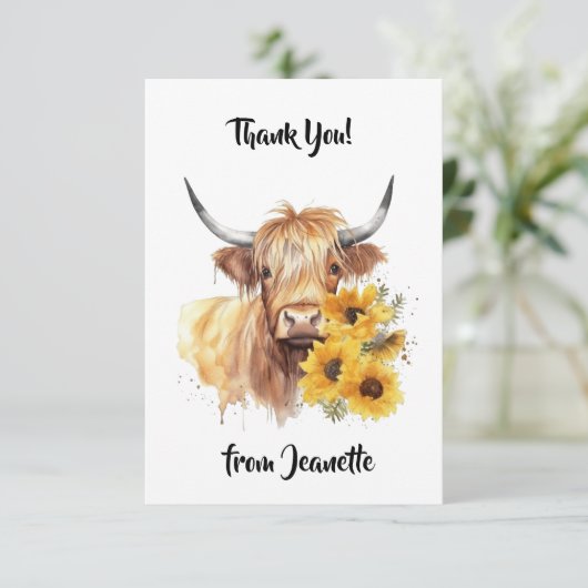 Carte De Remerciements Vache écossaise Highland avec des tournesols. Modi (Debout devant)