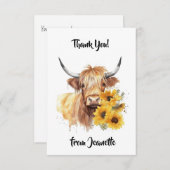 Carte De Remerciements Vache écossaise Highland avec des tournesols. Modi (Devant / Derrière)