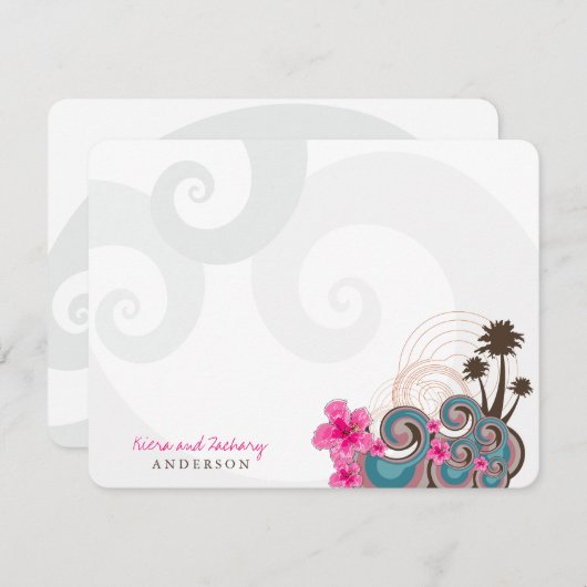 Carte De Remerciements Vagues tropicales Hibiscus rose Destination Mariag (Devant / Derrière)