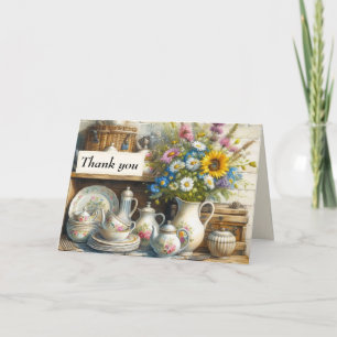 Carte De Remerciements Vaisselle Vintage Shabby Chic Théière et Fleurs sa
