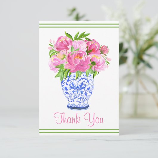 Carte De Remerciements Vase à bordure de pivoines roses en chinoiserie (Debout devant)
