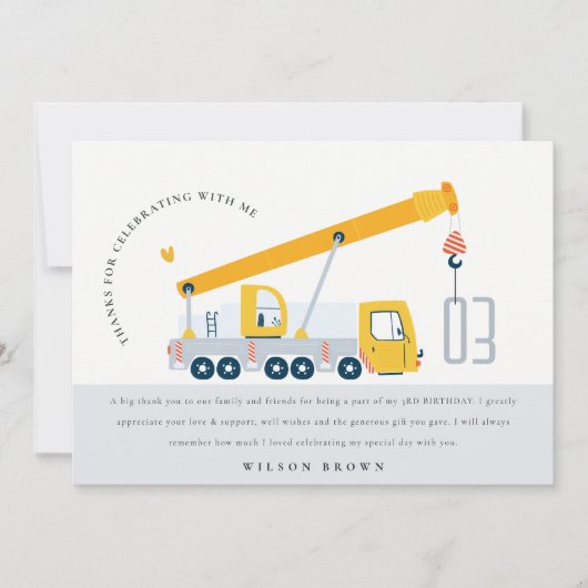 Carte De Remerciements Véhicule de construction de camion grue Anniversai (Devant)