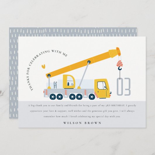 Carte De Remerciements Véhicule de construction de camion grue Anniversai (Devant / Derrière)