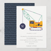 Carte De Remerciements Véhicule de grue de construction mignon Baby Showe (Devant / Derrière)