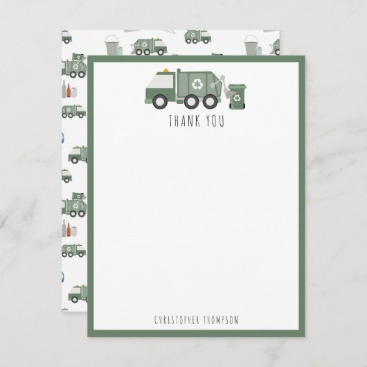 Carte De Remerciements Véhicules de camion de recyclage vert mignon Nom d (Devant / Derrière)