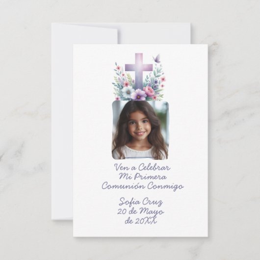 Carte De Remerciements Ven A Celebrar Mi Primera Comunión con Foto Flores (Devant)