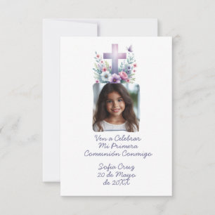 Carte De Remerciements Ven A Celebrar Mi Primera Comunión con Foto Flores