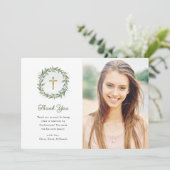Carte De Remerciements Verdure et Croix d'or | Confirmation photo (Debout devant)