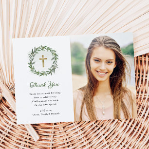 Carte De Remerciements Verdure et Croix d'or Confirmation photo